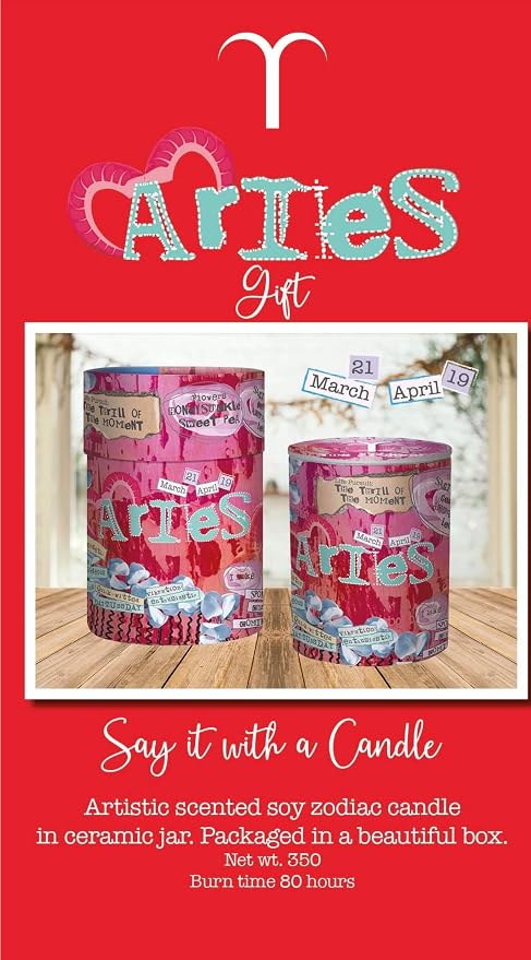 Aries Zodiac Candle – Jasmine Scented Soy Candle for Self Care & Relaxation – Zodiac Birthday Gift – 80 Hour Burn – Reusable Ceramic Jar