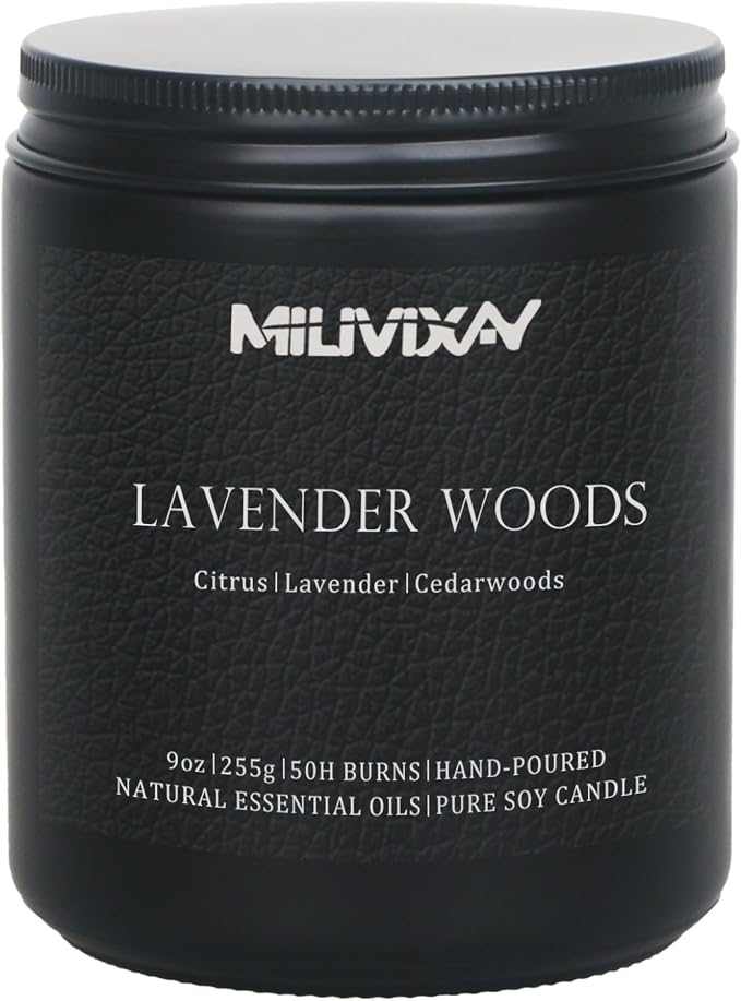 MILIVIXAY Candle for Men Lavender Woods Scented Classic 9oz Jar Single Wick Candle, Soy Wax Candles for Consistent Burn, Over 50 Hours of Burn Time, Ideal for Creating Relaxing & Holiday Gifting.
