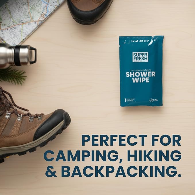 Super Fresh Shower Wipes Large Unscented Body Wipes for No Rinse Bathing Personal Hygiene Gym Travel or Camping Enriched with Aloe and Vitamin E 50 Individually Wrapped Disposable Sheets