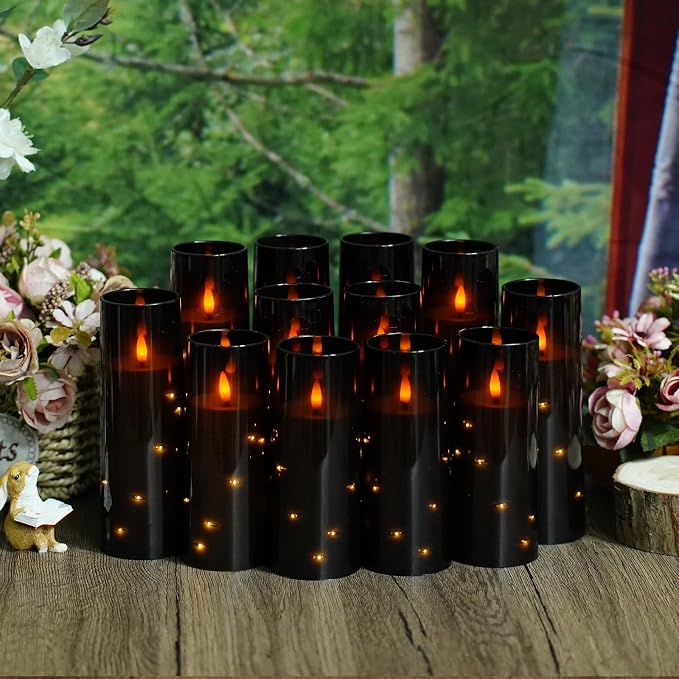 Sasigeiaa Flameless Candles with Embedded Star String - Battery Operated LED Candles, with Remote,12 Black Flickering Candles for Christmas, Weddings, Home Decor & Party,(D 2.3"×H 5" 6" 7")