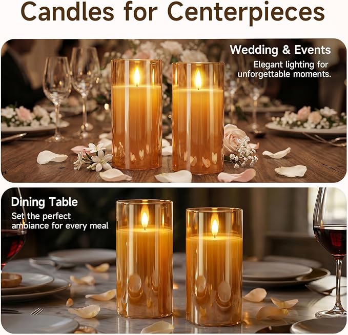 Homemory Amber Glass Flameless Candles Battery Operated LED Pillar Candles with Remote and Timer, Real Wax Flickering Candles with 3D Wick, Decorative Candles Home, Wedding, Holiday Decor, Set of 2