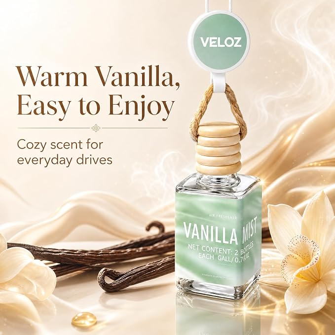 Vanilla Mist Hanging Car Air Freshener Diffuser, 15ml Reed Wick Essential Oil Bottle with Adjustable Rearview Mirror Clip, Long-Lasting Car Scent for Cars SUVs Trucks