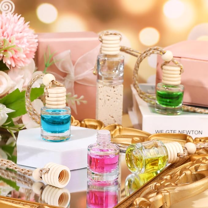 60 Pcs Hanging Car Air Freshener Car Diffuser Bottle Empty Glass Perfume Air Freshener Diffuser Bottle Pendant for Essential Oils Fragrance Aromatherapy Ornament Decor (Cylinder Style)