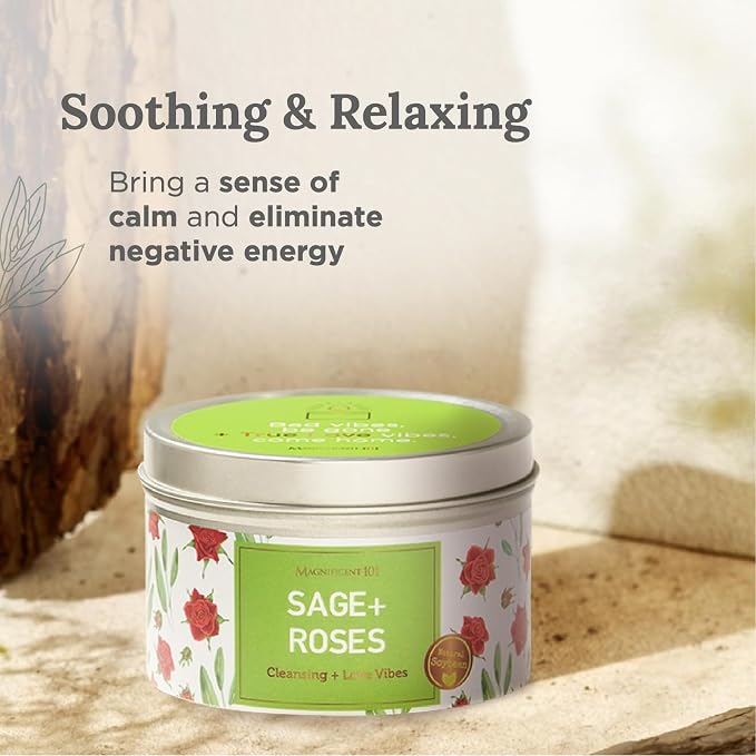 MAGNIFICENT 101 Sage & Roses Aromatherapy Candle for Space Cleansing - 6 oz Soy Wax - 35-Hour Burn - Long-Lasting Fragrance & Manifestation - Meditation Accessory & Spiritual Decor