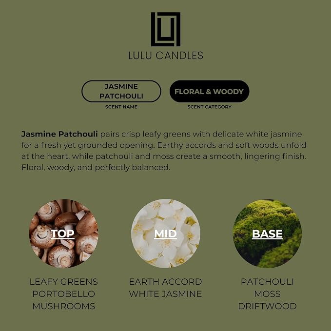 Lulu Candles | Jasmine Patchouli | Smells Floral & Earthy | Luxury Scented Soy Jar Candle | Hand Poured in The USA | Highly Scented Long Lasting (9 Oz.)