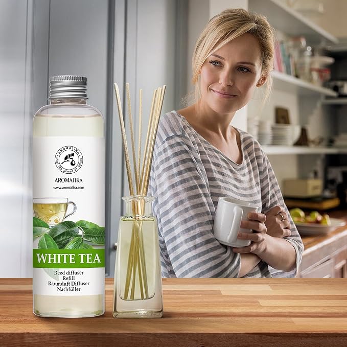 Refill Reed Diffuser White Tea 6.8 Fl Oz (200 ml) - with White Tea Essential Oil - Good Mood - Home Fragrance - Warm Scent - Air Freshener for Bathroom Bedroom Kitchen - Aromatherapy - Nice Smell