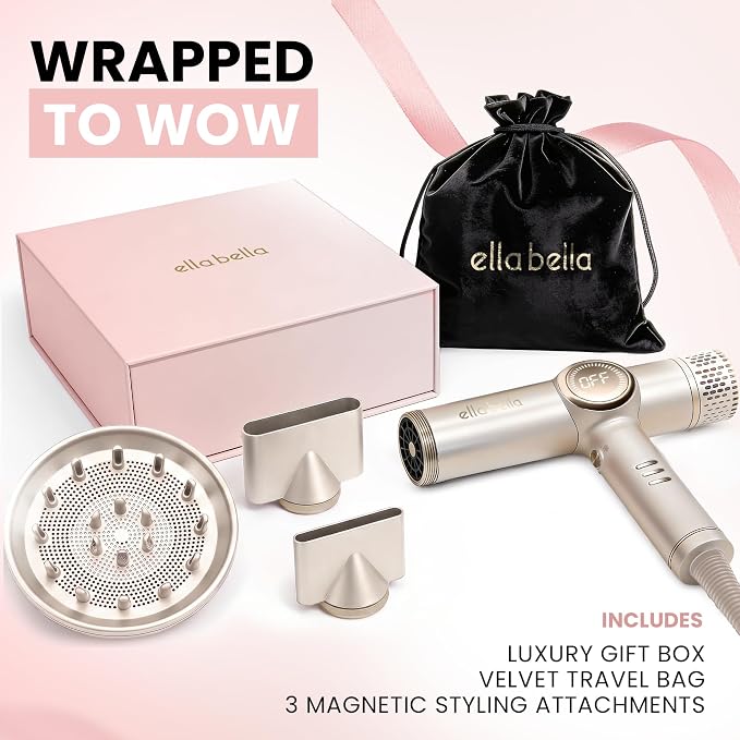 ELLA BELLA® Professional Ionic Hair Dryer with Diffuser • Negative Ion Blow Dryer • Suitable All Hair Types • Intelligent Heat Control & Rapid Drying Speeds • Lightweight Design • Low Noise Technology