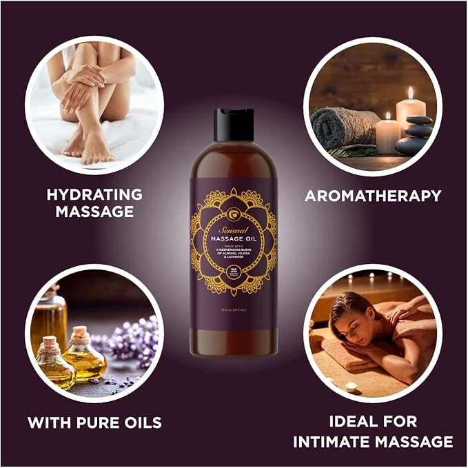 Aromatherapy Sensual Massage Oil for Couples - Relaxing Lavender Massaging Oil for Massage Therapy with Vitamin E Jojoba & Sweet Almond - Naturally Scented Vegan Non GMO & Gluten Free (16 Fl Oz)
