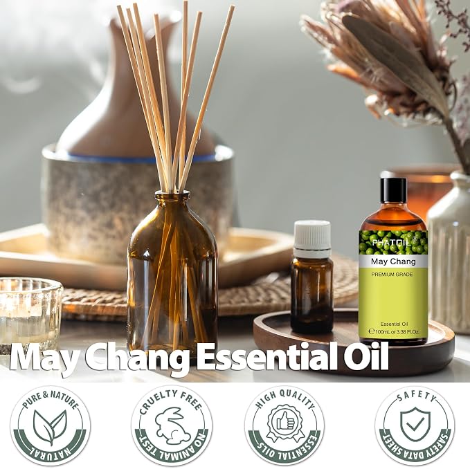 PHATOIL May Chang (Litsea Cubeba) Essential Oil, Pure Premium Natural May Chang Oil for Hair Care, Body Skin Care, Aromatherapy, DIY Candle, Soap Making 3.38Fl Oz