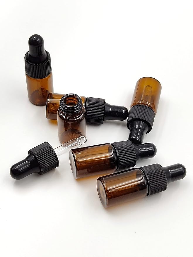 15Pcs 3ml Empty Tiny Amber Glass Mini Dropper Bottles for Essential Oils, Fragrances, and Other Liquids, with Dropper and Black Caps Travel Sample Vials