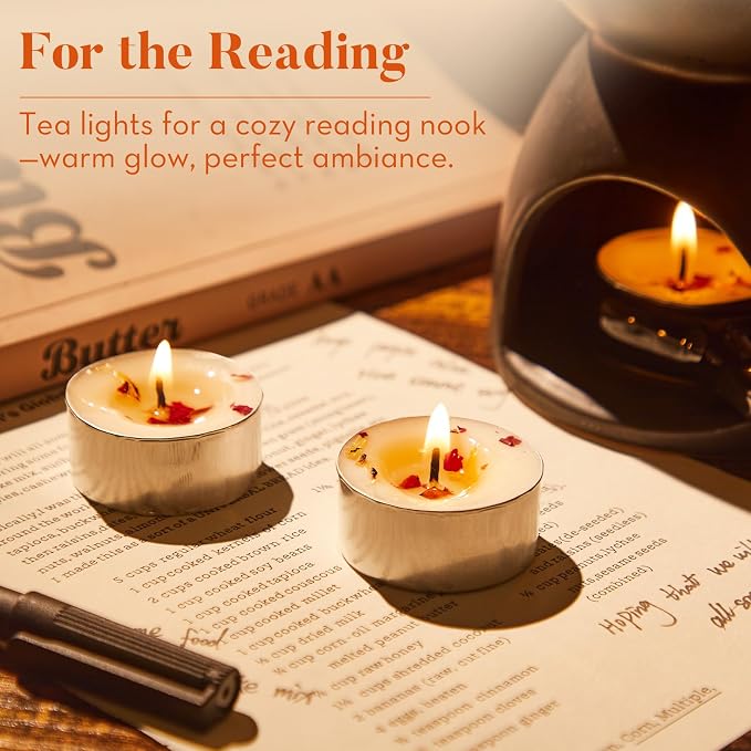 Crenovo Rose Scented Tealight Candles 16 Pcs, 6-7 Hours Soy Tea Lights Candles with Dried Flower Petals, Non-Toxic Smokeless Small Candles Bulk for Weddings, Home Decor, Spa