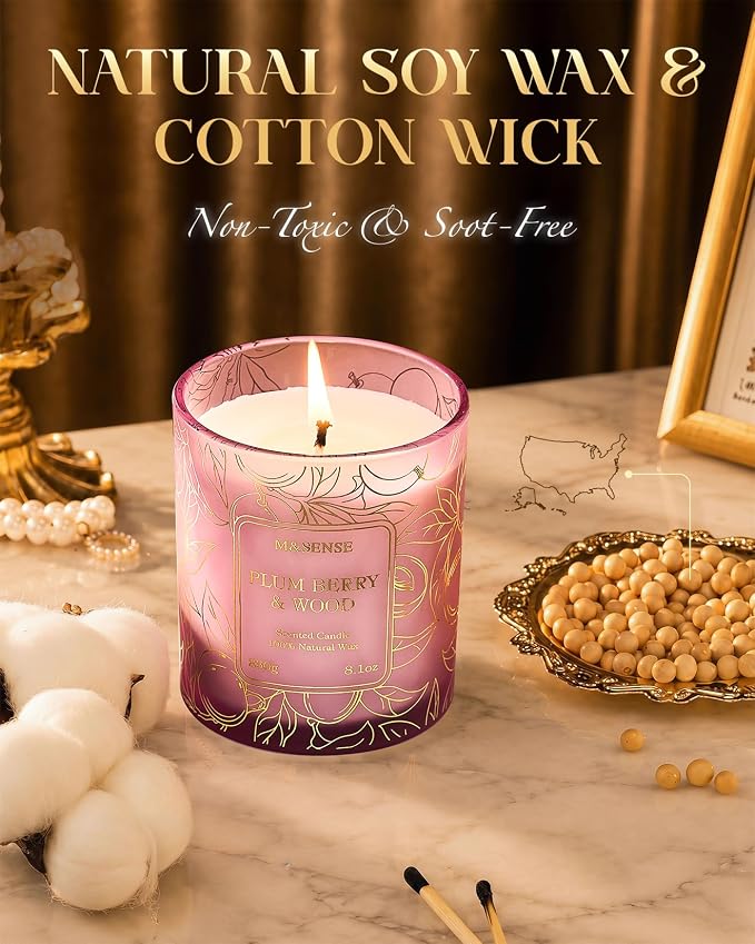 M&SENSE Plum Berries Wooden Scented Candles for Home, 8.1oz Natural Soy Candle No Toxic 42-Hour Long Lasting Burning, Stress Relief Aromatherapy Candle Gifts for Women