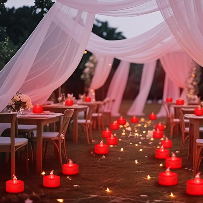 Tea Lights Battery Operated Candles LED Tea Lights Flameless Candles 200+ Hours Flickering Fake Tealights for Sweetest Day Wedding Home Decorations Party (Red Base, 12 Pack)