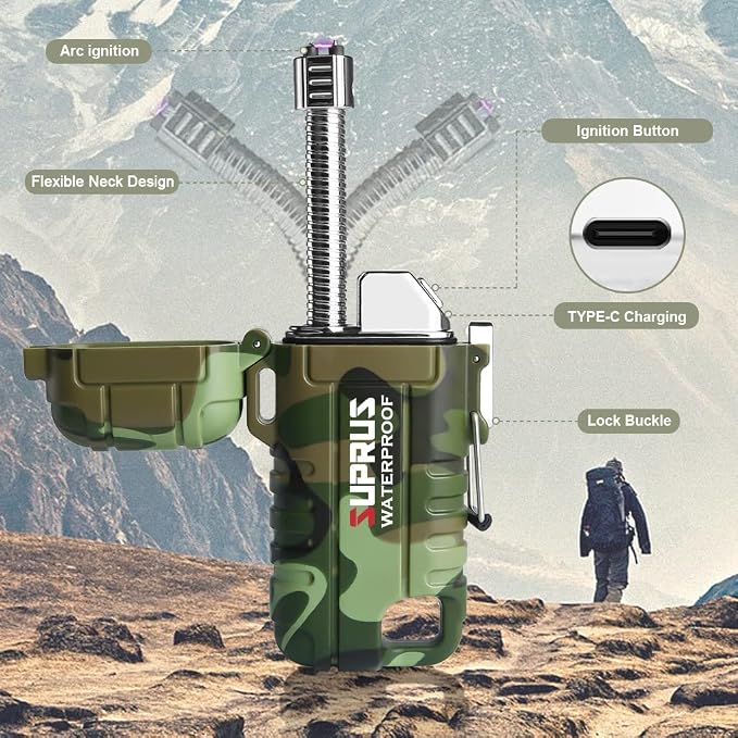 SUPRUS Waterproof Lighter Windproof Lighter Arc Plasma Lighters USB-C Rechargeable with Expandable and Flexible Neck for Outdoor, Camping & Kitchen (Camouflage, 2Packs)