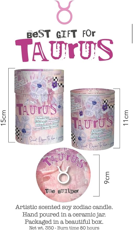 Taurus Zodiac Candle – Jasmine Scented Soy Candle for Self Care & Relaxation – Zodiac Birthday Gift – 80 Hour Burn – Reusable Ceramic Jar