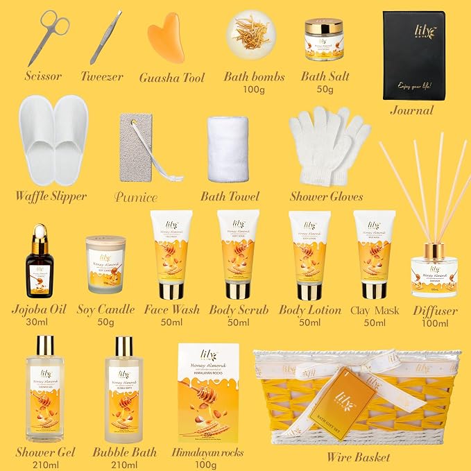 Honey Almond Bath Gift Set - 21Pcs Moisturizing & Relaxing Spa Gift Basket for Women & Men