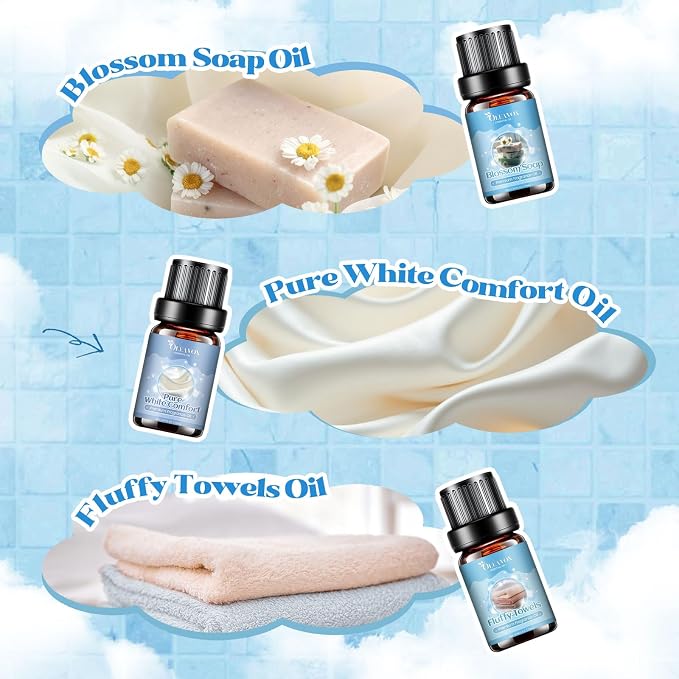 Clean Essential Ois for Laundry, Fragrance Oil for Diffuser for Home,Candle & Soap Making, Fresh Linen, Fresh Cotton, Laundromat, Blossom Soap,Pure White Comfort, Fluffy Towels, Strong Scented Oils