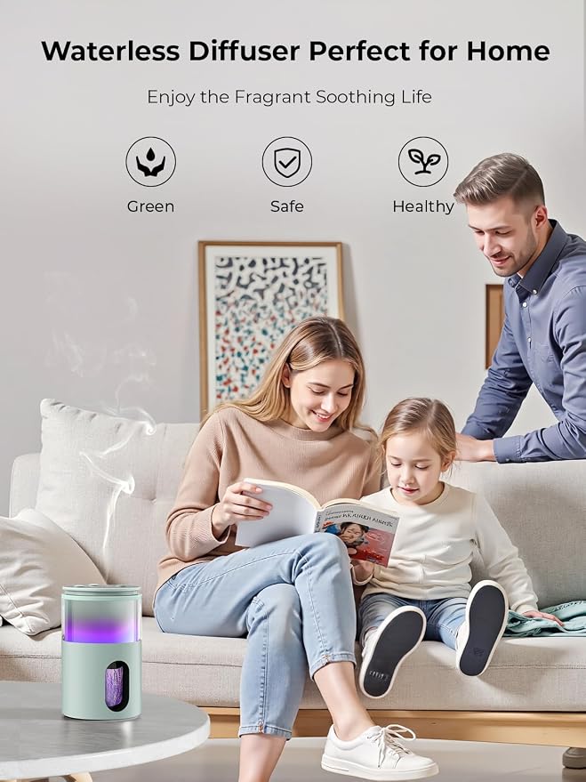 Waterless Essential Oil Diffuser: 𝟗 𝐂𝐨𝐥𝐨𝐫𝐬 𝐋𝐄𝐃 Scent Diffuser for Home&Car&Office - Portable Diffuser with 48H Battery, 4 Timers & 3 Mist Levels, Light Green