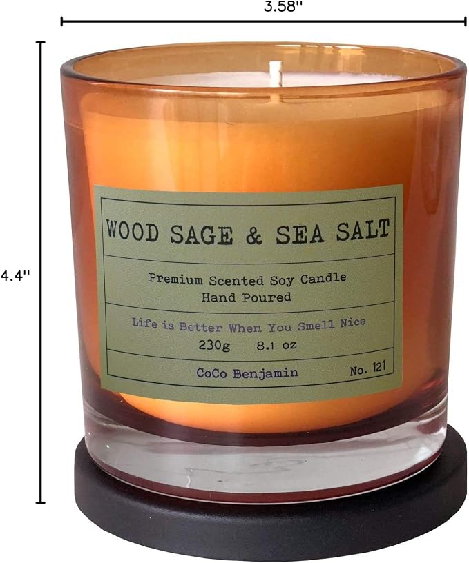 100% Natural Soy Wax Candle by CoCo Benjamin - Highly Scented & Hand-Poured Luxury Candle (Wood Sage & Sea Salt)- Clean Burning Cotton Wick