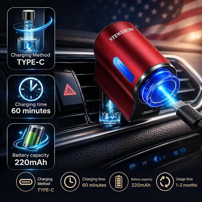 Car Air Freshener - Smart Adjustable 3-Speed Intensity, Rechargeable Humidifier Car Essential Oil Diffuser - Comes with 8 Bottles of 10ml Perfume (Red)