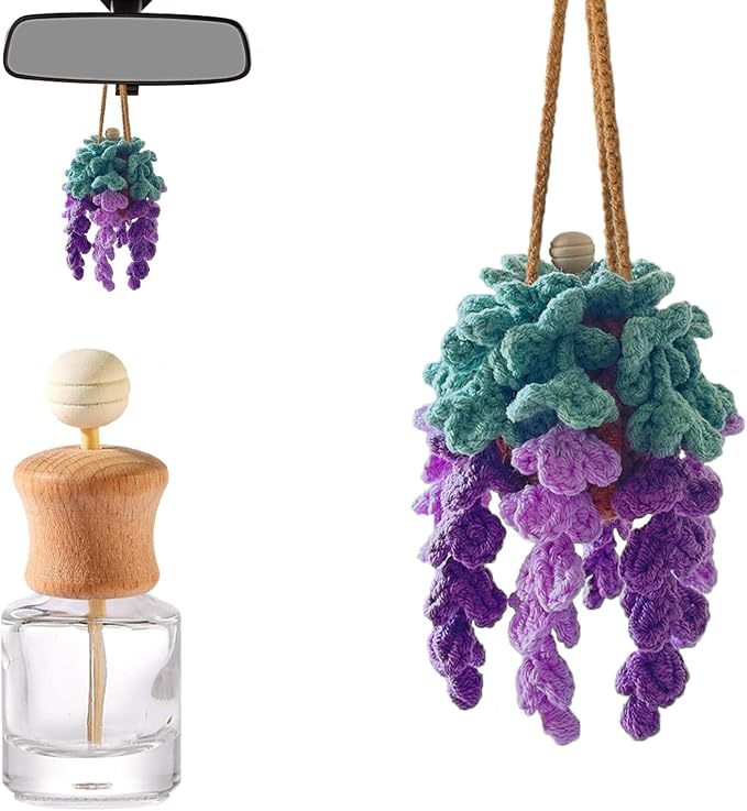 Crochet Car Air Freshener, Empty Refillable Oil Diffuser Bottle with Hanging Crochet Plant for Car Rearview Mirror Decor, Handmade Home and Office Decor (Violet)