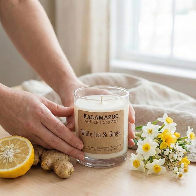 Kalamazoo Candle Company Hand-Poured Soy Wax Candle – 10oz Classic Jar, 60-80 Hour Burn Time – Made in USA, Highly Scented, Phthalate-Free (White Tea & Ginger)