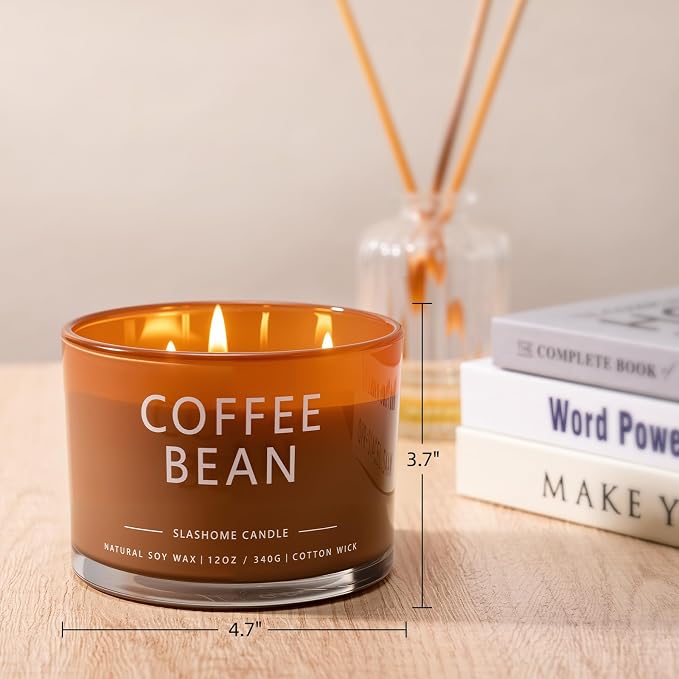Coffee Bean Scented Candle, Luxury Large 3 Wick Soy Candle 12 Oz, 60+ Hour Long Lasting Clean Burn, Elegant Aromatherapy Home Decor, Housewarming & Birthday Gift for Men & Women