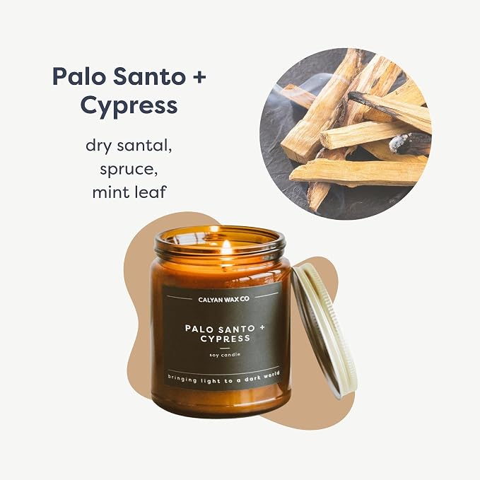 Calyan Wax Co. Palo Santo & Cypress Scented Candle - 57 Hour Burn - Luxury Clean Soy Wax Candles - Long Lasting Amber Glass Jar Candle for Home - 7.2oz