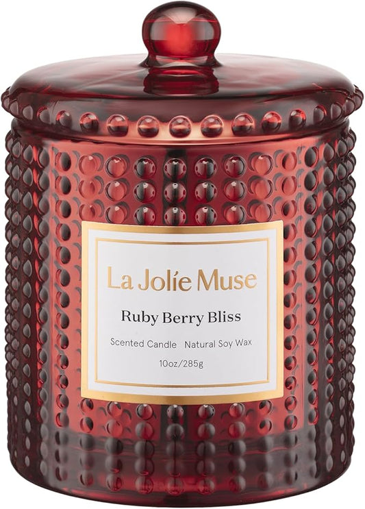 LA JOLIE MUSE Ruby Berry Bliss Scented Candle| Mandarin, Cranberry & Plum | 10 oz Festive Candle | 55 Hours Clean Burn | Gift for Hosts & Gathering | Elegant Home Decor