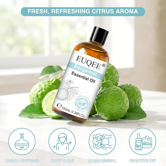 EUQEE 100ml Bergamot Essential Oil, Pure Bergamot Essential Oil for Diffuser, Massage, DIY Soap,Candle Making, Skin & Hair Care - 3.38 Fl Oz
