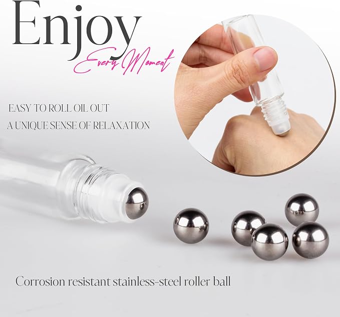 10ml Roller Bottles for Essential Oils, 4 Pack Glass Roll on Bottles, Refillable Perfume Bottle, with Stainless Steel Roller Balls, 2 Droppers, 1 Opener, Labels (Clear)