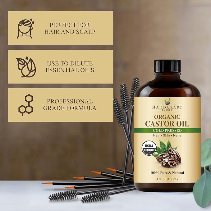Handcraft Blends Cold-Pressed Organic Castor Oil 4 Fl Oz | Glass Bottle | Lash Brushes | 100% Pure and Natural | Premium Grade Carrier Oil | Hair, Eyelashes and Eyebrows | Hair and Body | Cold-Pressed