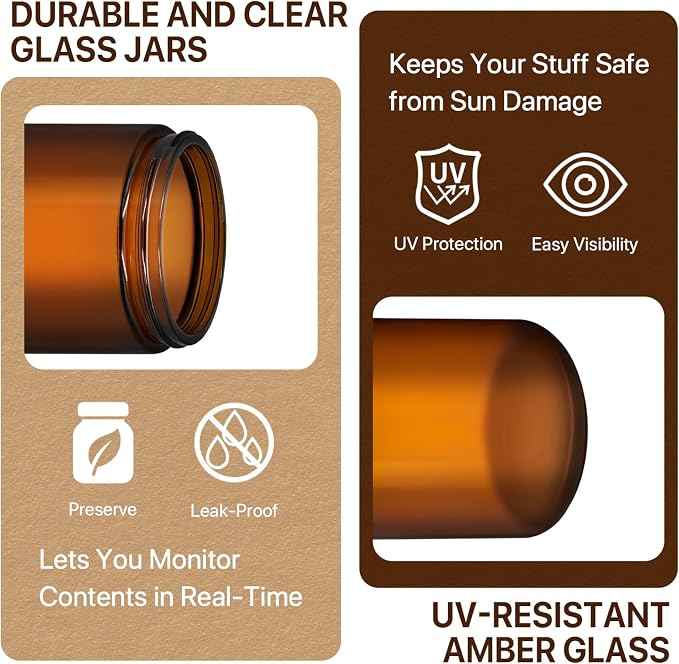 4 oz Amber Glass Jars with Lids, 18 Pack Cosmetic Storage Containers with 18 Spatulas & 24 Labels, Refillable Small Glass Jars for Cream, Lotion, Balm, Candles, Travel & DIY Skincare Kit
