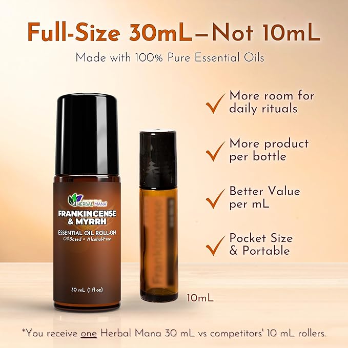 Frankincense & Myrrh Essential Oil Roll-On, 30 mL (1 fl oz) – Pre-Diluted Aromatherapy Rollerball in Fractionated Coconut Oil (FCO) – Alcohol-Free Pulse Point Oil Roller