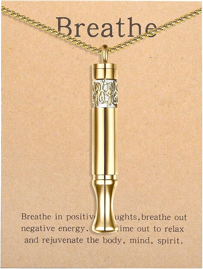 Anxiety Relief Pendant Mindfulness Breathing Necklace - Essential Oil Diffuser & Personal Inhaler Aromatherapy Necklaces for Women & Men (Gold)