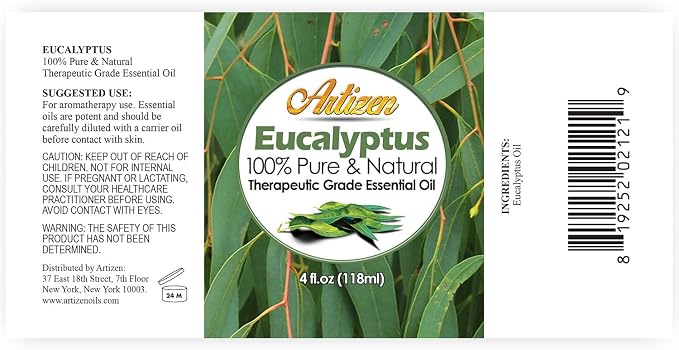 Artizen Eucalyptus Essential Oil 4 Fl Oz (Pack of 1) Large Bottle for Aromatherapy Diffusers DIY Blends and Crafts