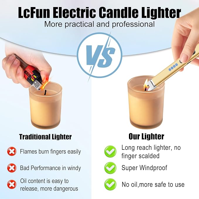 LcFun 3 Pack Candle Lighter Electric USB Rechargeable Plasma Arc Lighter with Safety Lock, Windproof Flameless Long Matches for Candle, Grill, BBQ, Camping, Gas Stoves (Gold,Pink,Silver)