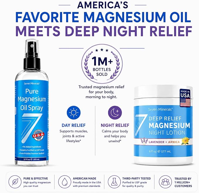 Seven Minerals Deep Relief Magnesium Night Lotion - Lavender + Arnica Cream for Deep Sleep & Muscle Relief - Calms Legs, Soothes Sore Back, Neck & Shoulders - USP Grade, Made in USA, 6 Fl Oz