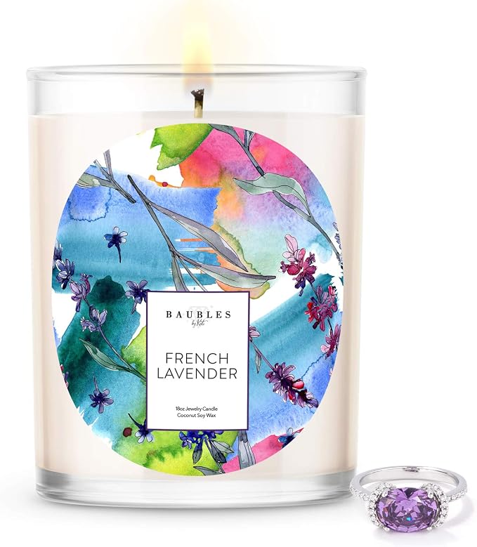 Baubles French Lavender Scented Premium Candle and Jewelry with Surprise Ring Inside | 18 oz Large Candle | Made in USA | Parrafin Free | Size 08