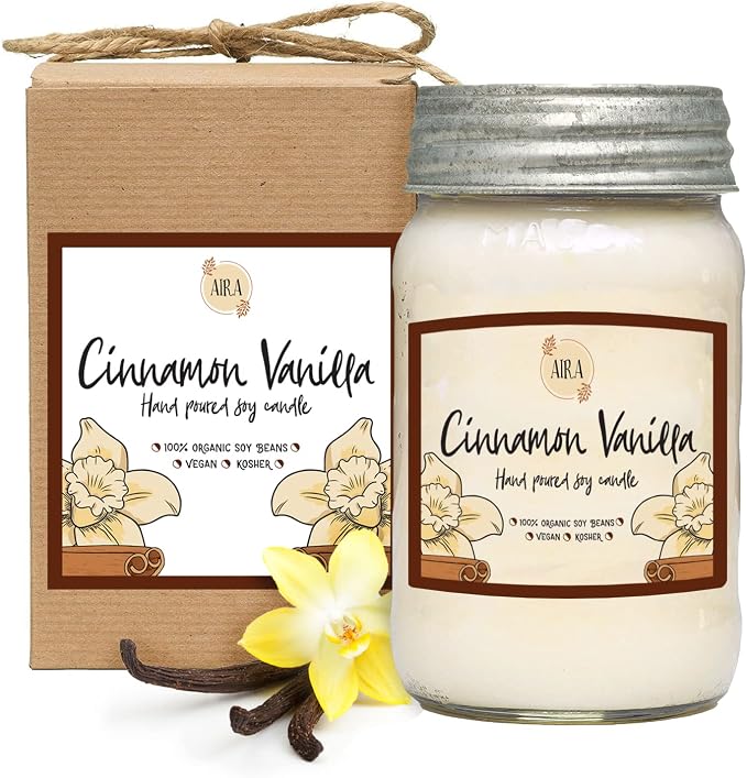 Aira Soy Candles - Organic, Kosher, Vegan, in Mason Jar w/Therapeutic Grade Essential Oil Blends - Hand-Poured 100% Soy Candle Wax - Paraffin Free, Burns 110+ Hours - Cinnamon Vanilla -16 Ounces
