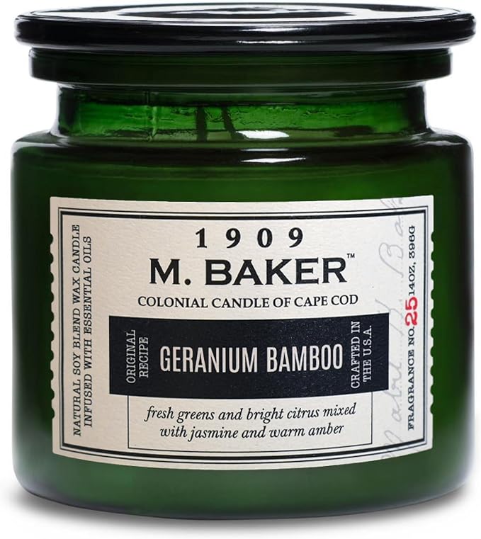 Colonial Candle Geranium Bamboo Scented Candle, 2-Wick Natural Soy Blend Wax Candle Infused with Essential Oils, 14 oz Apothecary Glass Jar Candle - Made in The USA