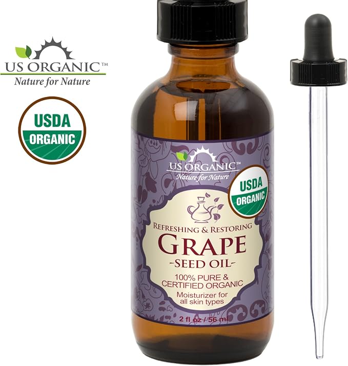 US Organic Grape Seed Oil, USDA Certified Organic, 100% Pure & Natural, Cold Pressed Virgin, Unrefined, in Amber Glass Bottle w/Glass Eyedropper for Easy Application (2 oz (56 ml))