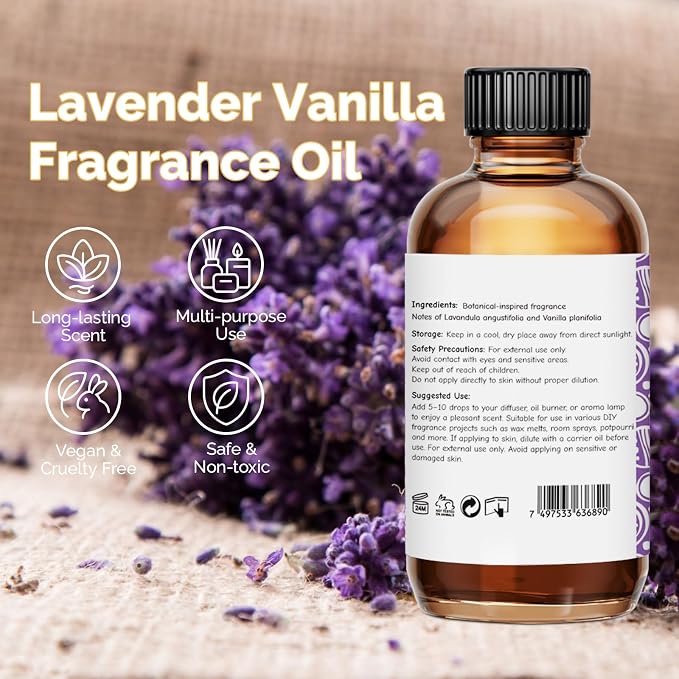 GM Gumili Lavender Vanilla Fragrance Oil 2 Oz, Natural Scent Oil for Home Essential Oils Diffuser, Candle Making, Soap Making, DIY Body Oils, Perfume, Body Mist, Spray
