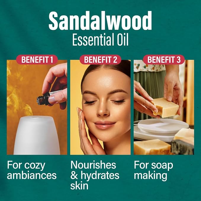 H'ana Sandalwood Oil - 1.02 Fl Oz Sandalwood Essential Oil for Hair, Skin, Diffuser, Aromatherapy & DIY