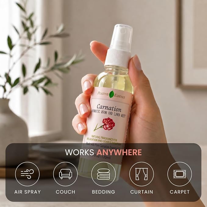 Carnation Linen & Room Spray, Natural Aromatic Bathroom Spray Made with Pure Essential Oils, Refreshing Home Fragrance