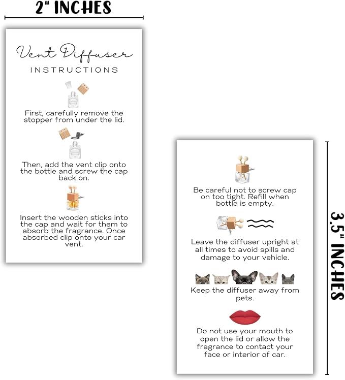 Car Vent Wood Diffuser Care Card | 50 Pack 2x3.5 inches Paper Cards | Vent Clip Reed Oil Diffuser Bottles add to Customer Package