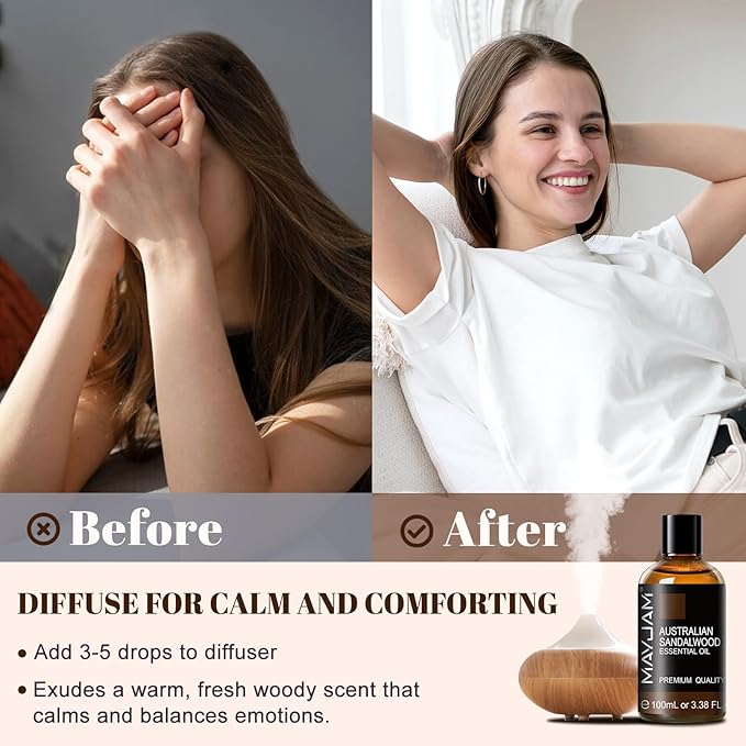 MAYJAM Australian Sandalwood Essential Oils 3.38 FL.OZ Pure Australian Sandalwood Oil for Massage Skin Care Hair Care Diffuser Candle and Soap Making - 100ml