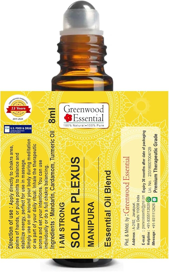 Greenwood Essential Solar Chakra (Manipura) Oil - Ideal for Meditation, Purification, Yoga, Chakra Alignment, Relaxation, Healing & Rituals, 8ml (0.27 oz)