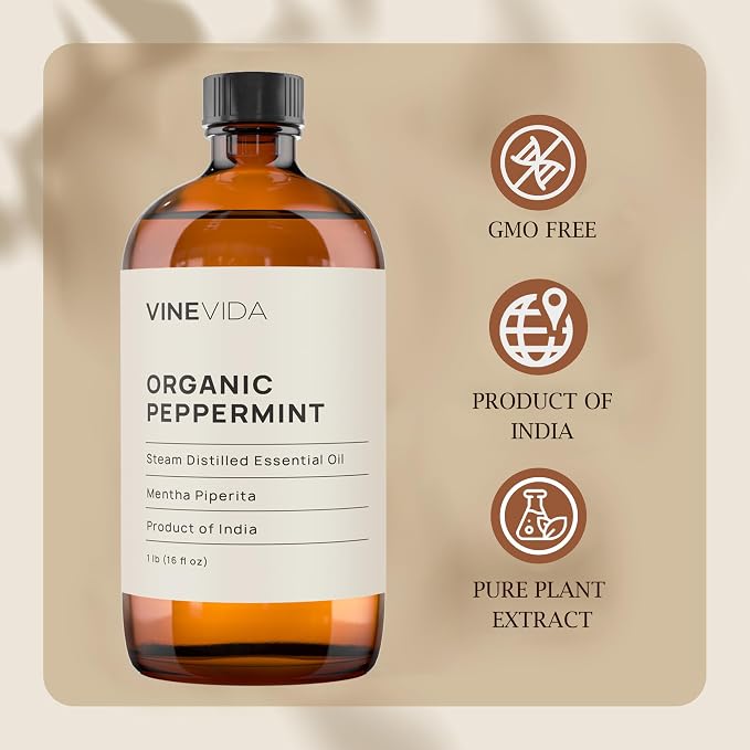 VINEVIDA Organic Peppermint Essential Oil - 16 oz - Undiluted