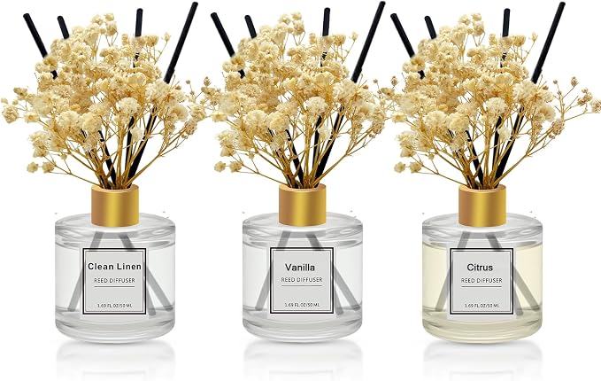 Reed Diffuser Set of 3 Pack,Scented Oil Diffuser with 4 Sticks,Reed Diffusers for Home,Living Room,Bathroom Air Freshener Diffuser,50ml x 3 (Clean Linen/Vanilla/Citrus)